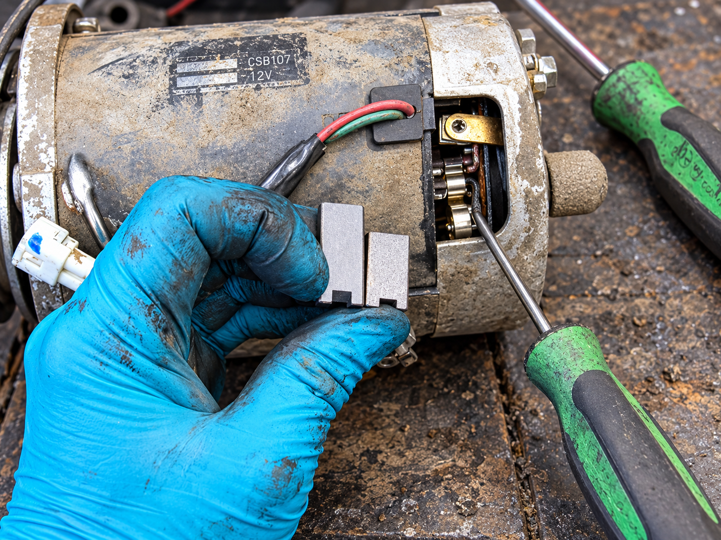 Technician inspecting carbon brushes in a worn electric motor