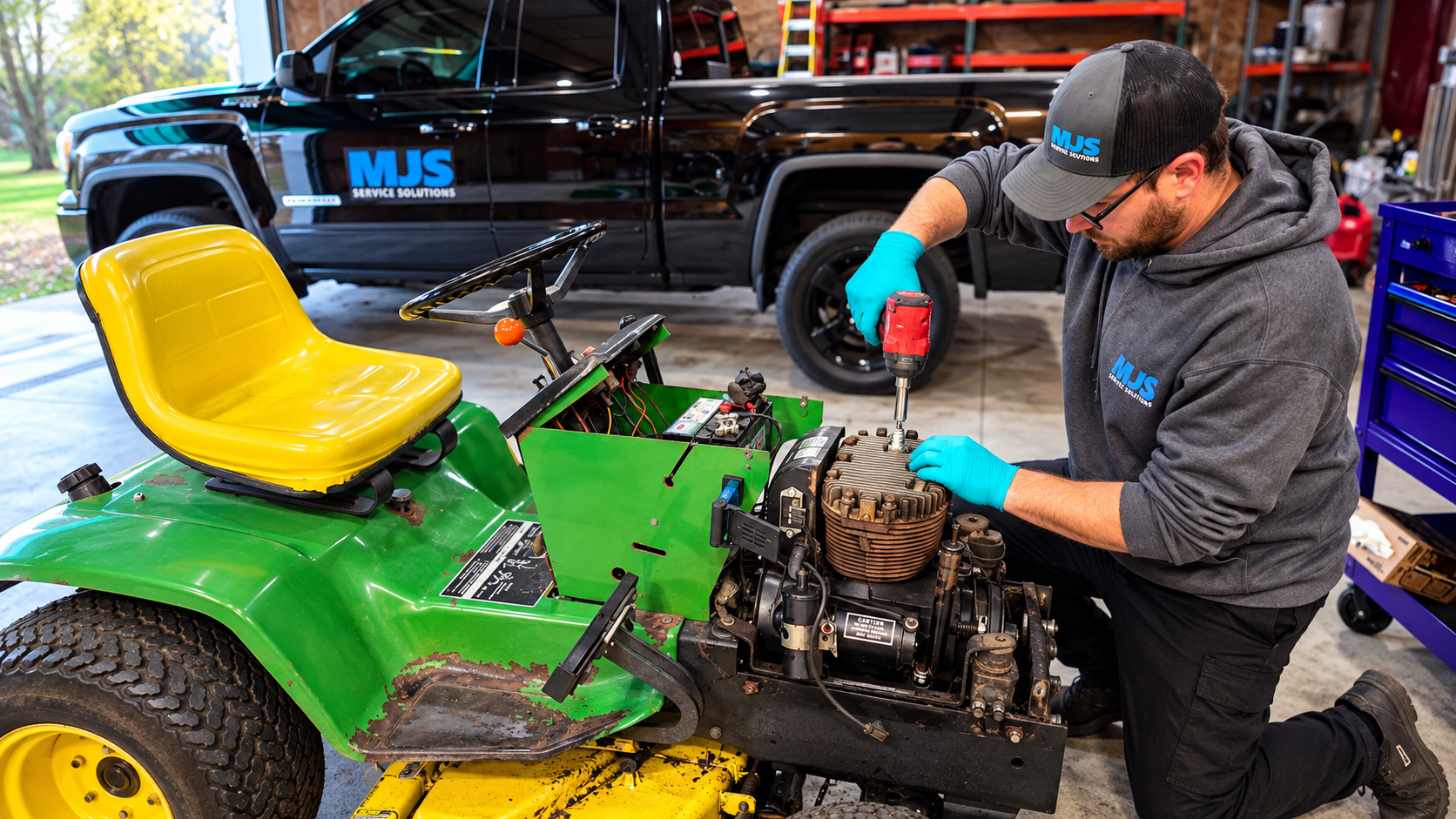 MJS technician servicing a ride-on mower in the workshop