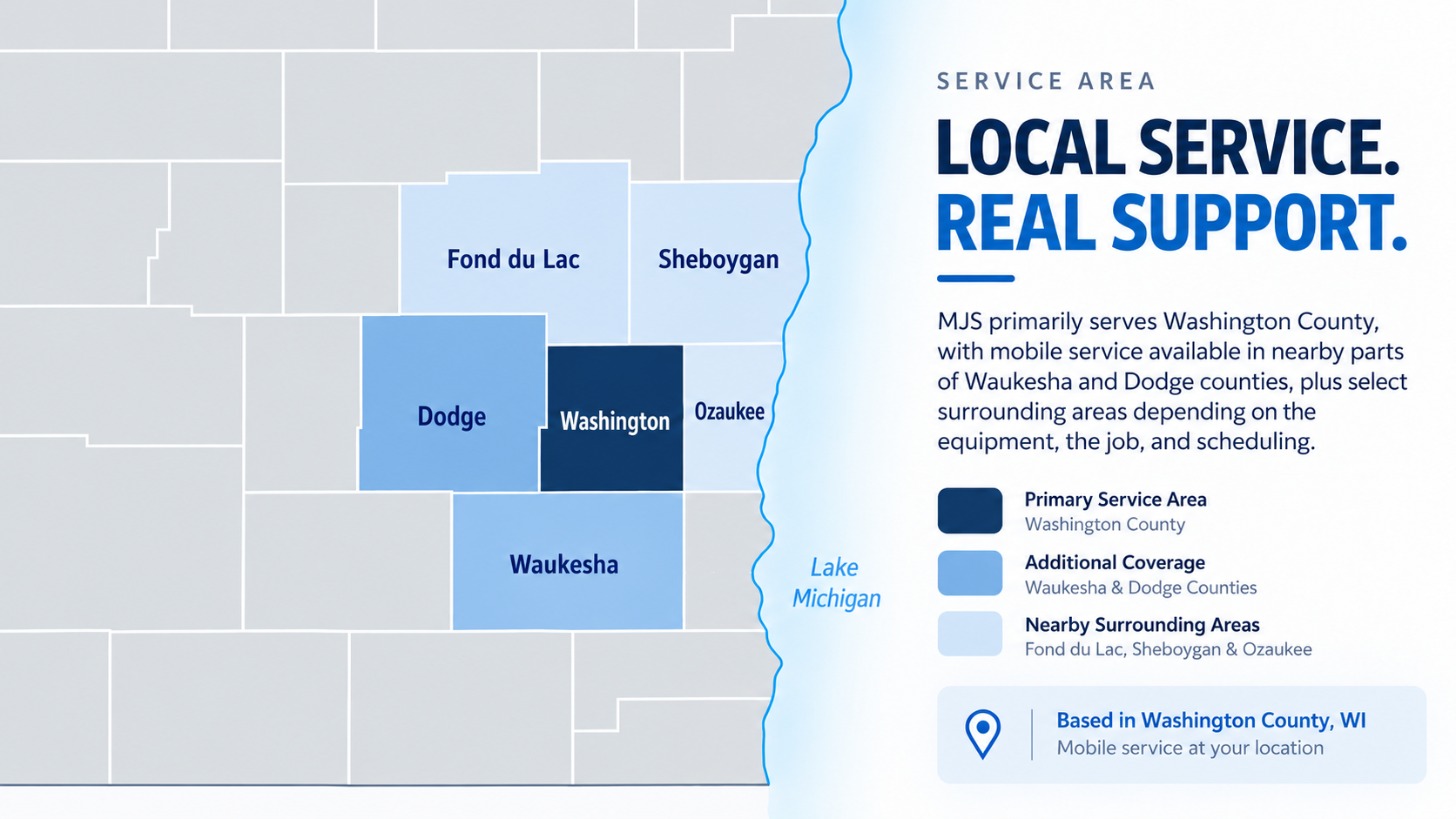 MJS Service Solutions service area graphic showing Washington County as the primary service area, additional coverage in Waukesha and Dodge counties, and nearby surrounding areas