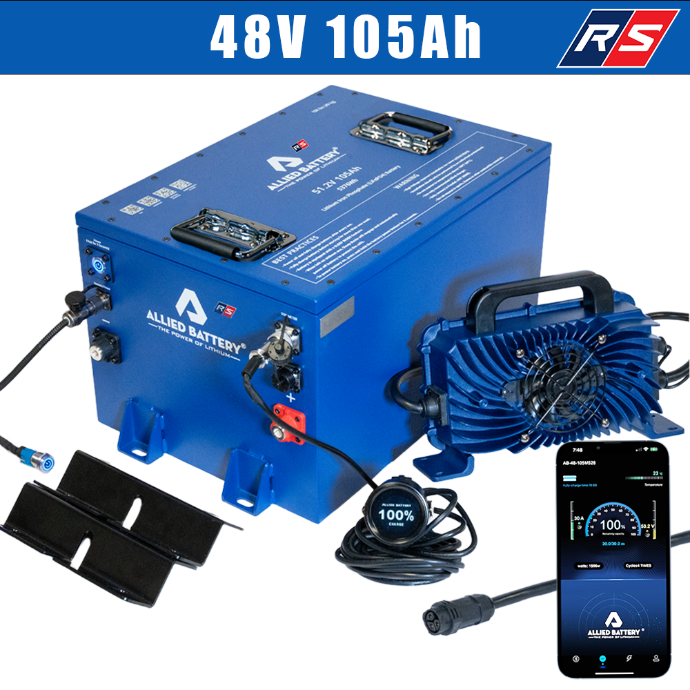 Allied 48-volt 105 amp-hour RS lithium battery package with charger, monitor, mounting hardware, and mobile app